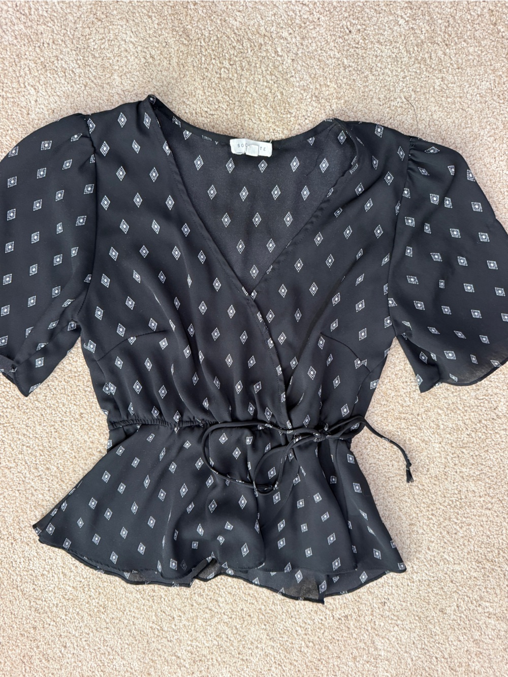 Socialite Black Diamond-Print wrap blouse
